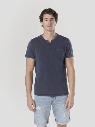 KOROSHI Henley cotton print-emb washed t-shirt in blau