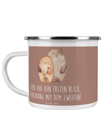 Mr. & Mrs. Panda Camping Emaille Tasse Verlobung Glaube mit Spruch in Braun Pastell