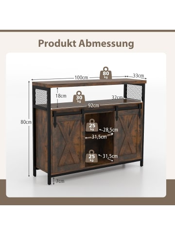 COSTWAY Sideboard 100x33x80cm in Braun