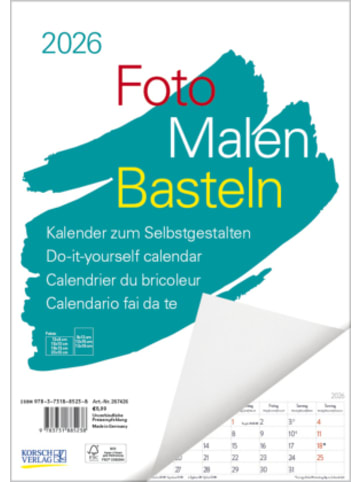 Korsch Kalender - Foto-Malen-Basteln A4 weiß Notice 2026