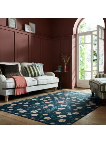 KADIMA DESIGN Teppich waschbar Flachgewebe, Florale, Rutschfest in Multicolor-Blau