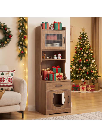 COSTWAY Katzenschrank mit Ladestation & LED 50 x 45 x 152 cm in Hellbraun