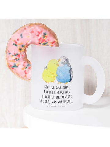 Mr. & Mrs. Panda Teetasse Glas Wellensittich Liebe mit Spruch in Transparent