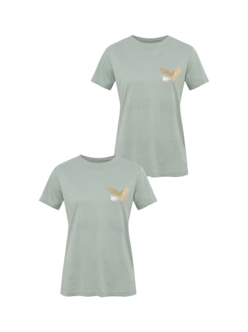 Mavi Jeans 2er-SET T-Shirt mit goldenem Schmetterling-Motiv, Rundhals in Grün