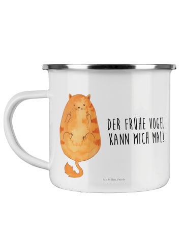 Mr. & Mrs. Panda Emaille Becher Katze Frühaufsteher mit Spruch in Weiß