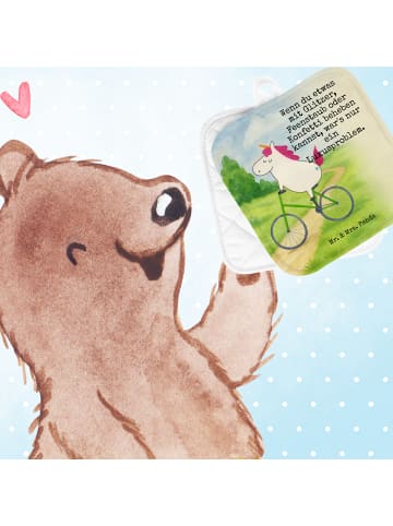 Mr. & Mrs. Panda Ofenhandschuhe Einhorn Radfahrer Design mit Spruch in Weiß