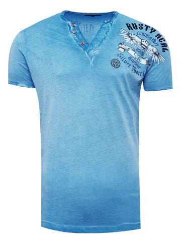 Rusty Neal V-Neck T-Shirt Verwaschen mit Seitlichem Print in Petrol