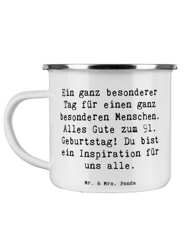 Mr. & Mrs. Panda Camping Emaille Tasse Spruch 91. Geburtstag mit... in Weiß