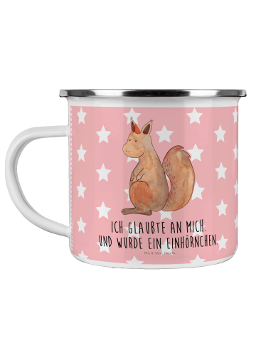 Mr. & Mrs. Panda Camping Emaille Tasse Einhorn Glauben mit Spruch in Rot Pastell