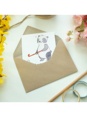 Mr. & Mrs. Panda babykarte Panda Hockey spielen mit Spruch in Weiß