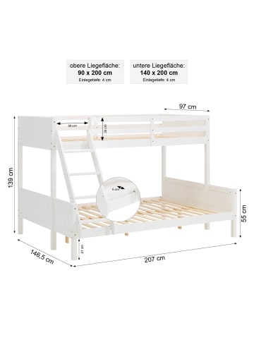 Homestyle4u Etagenbett 90x200 und 140x200 in Weiß mit Lattenrost und 2 Matratzen