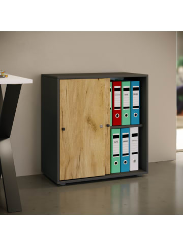 VCM  Büroschrank Aktenschrank Schiebetüren Lona 2fach in Anthrazit / Honig-Eiche