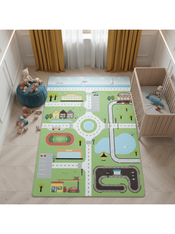 KADIMA DESIGN Teppich Kinder Flachgewebe Spielstraße Antirutsch Kinderzimmer in Grün