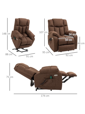 HOMCOM Fernsehsessel mit Aufstehhilfe-92L x 95B x 107H cm-Braun