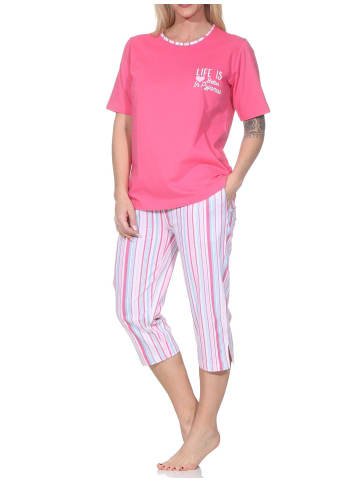 NORMANN Schlafanzug Capri kurzarm Streifenoptik Übergrössen 125 204 90 667 in pink