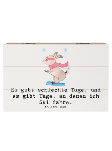 Mr. & Mrs. Panda Holztruhe Hase Skifahren mit Spruch in Weiß