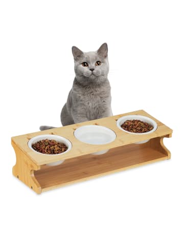 relaxdays Katzen Futterstation in Natur/ Weiß - (B)51 x (H)13,5 x (T)17,5 cm