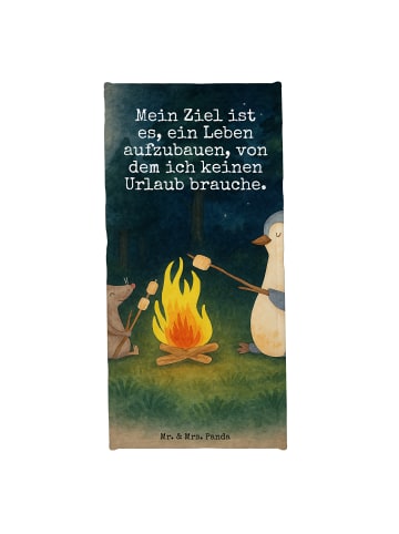 Mr. & Mrs. Panda Badehandtuch Pinguin Lagerfeuer Design mit Spruch in Weiß