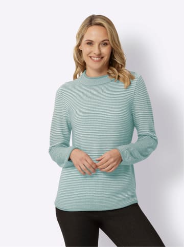 Sieh an! Stehkragen-Pullover in salbei-ecru-geringelt