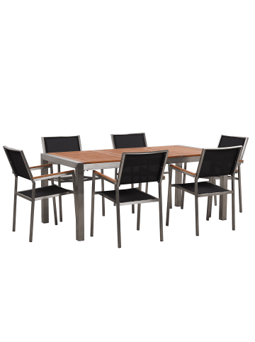 Beliani 7-tlg Gartentisch Set GROSSETO in Schwarz/Braun/Silber