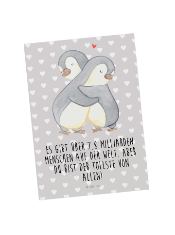 Mr. & Mrs. Panda Ansichtskarte Pinguine Kuscheln mit Spruch in Grau Pastell