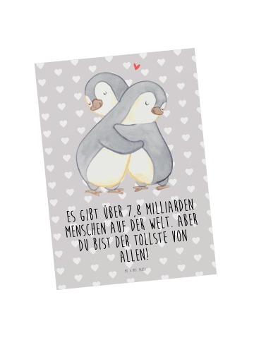 Mr. & Mrs. Panda Postkarte Pinguine Kuscheln mit Spruch in Grau Pastell