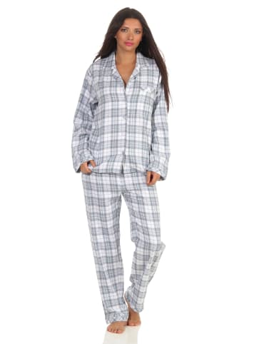 NORMANN langarm Flanell Pyjama Schlafanzug kariert - 50434 in Blau