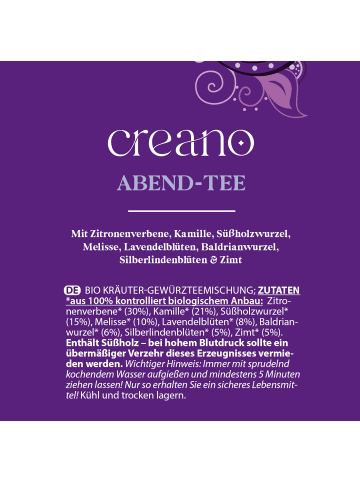 Creano "Calm Down" 60x Bio Kräuter-GewürzTee (Wellness-Tee, Sanfte-Stimmung, Abend-Tee)