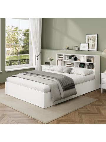 ABRIHOME Doppelbett Massivholzbett mit USB-Anschluss und Stauraum 140x200cm in Weiß