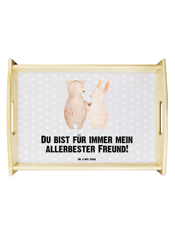 Mr. & Mrs. Panda Holztablett Bär und Hase Umarmen mit Spruch in Grau Pastell