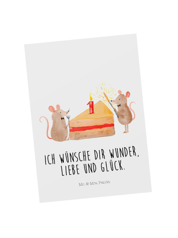 Mr. & Mrs. Panda Postkarte 1. Geburtstag Mäuse Kuchen mit Spruch in Weiß