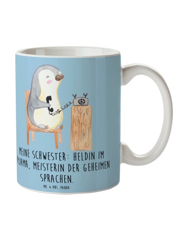 Mr. & Mrs. Panda Frühstücksbecher Schwester Heldin mit Spruch in Blau Pastell