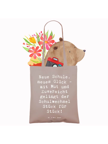 Mr. & Mrs. Panda Schultertasche Spruch Einen Schulwechsel bewält... in Braun Pastell