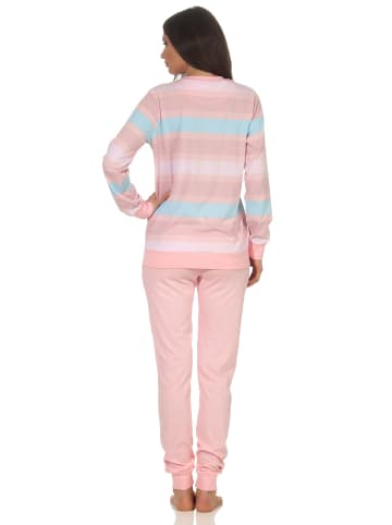 NORMANN Pyjama langarm Schlafanzug Bündchen und gestreiften Oberteil in rosa