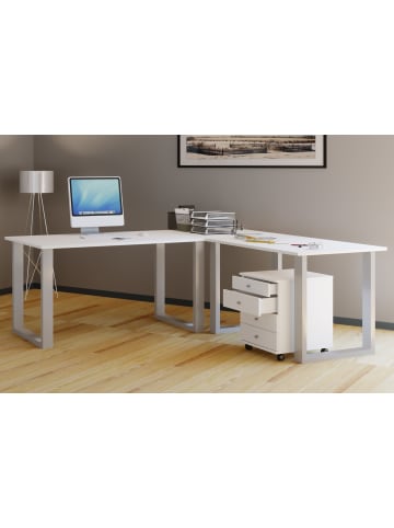 VCM  U Schreibtisch Eckschreibtisch L Form 220x160x80 in Silber / Weiß