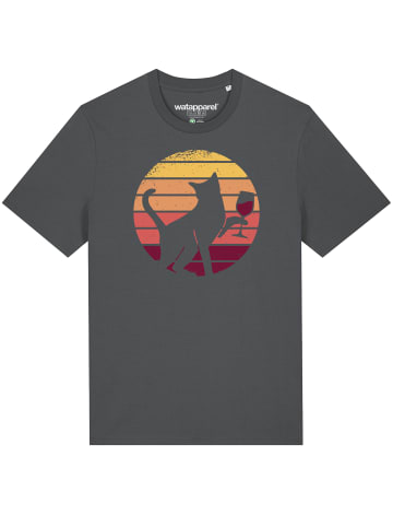 wat? Apparel T-Shirt Sunset Katze & Rotwein in Grau