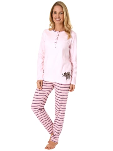 NORMANN Pyjama Kuschelinterlock Hose gestreift Faultier - 48926 in rosa