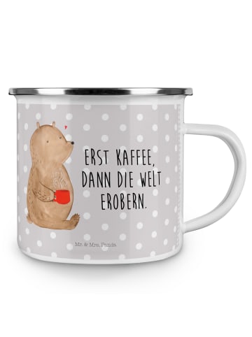 Mr. & Mrs. Panda Camping Emaille Tasse Bär Kaffee mit Spruch in Grau Pastell