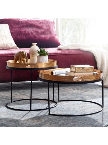 KADIMA DESIGN Couchtisch 2er Set / Schwarz Metall Hammerschlag Satztisch Rund, in Gold