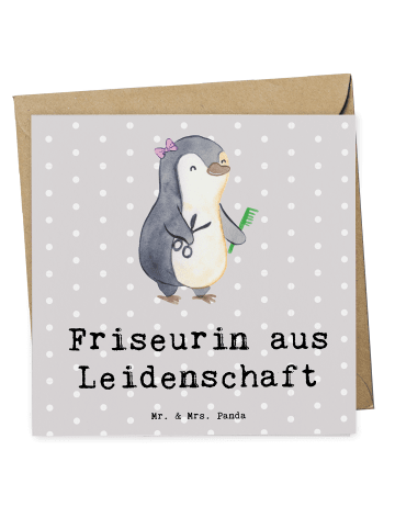 Mr. & Mrs. Panda Gutscheinkarte Friseurin Leidenschaft mit Spruch in Grau Pastell
