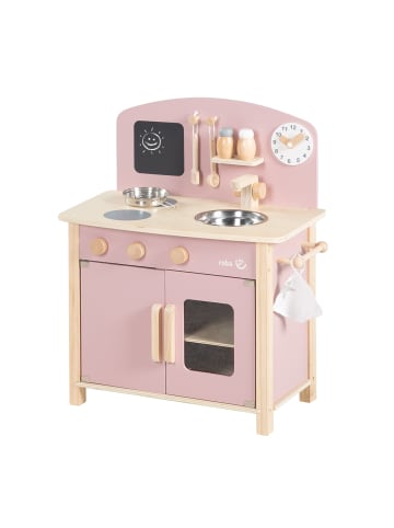 roba Spielküche aus Holz natur/rosa mit Zubehör, 2 Kochstellen, Spüle & Wasserhahn