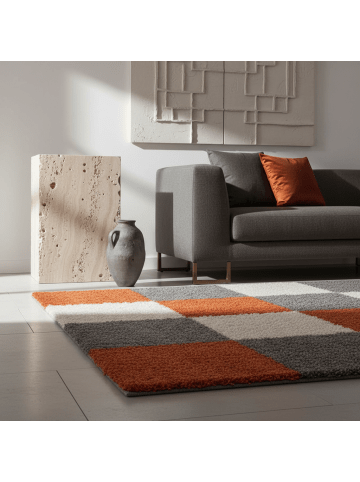 KADIMA DESIGN Teppich Hochflor Shaggy Waschbar Karo RHEIN Strapazierfähig in Terrakotta