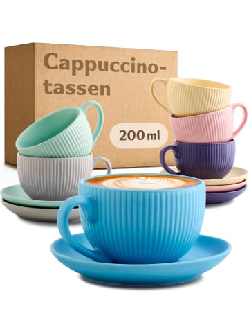 Cosumy Cappuccinotassen 6er Set - 200ml - Keramik Streifenmuster Untertassen