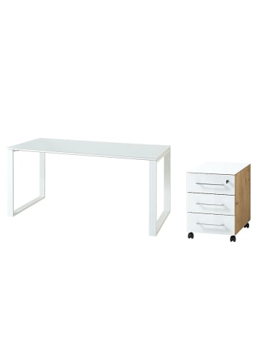 KADIMA DESIGN Schreibtisch-Set Modern 160x80 Glasplatte in Chalet-Eiche-Nb.-Weiß
