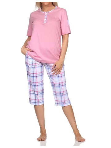 NORMANN Schlafanzug kurzarm Pyjama karierter Capri Hose Jersey - 84996 in rosa