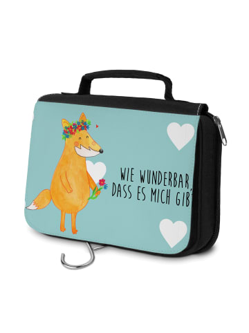 Mr. & Mrs. Panda Kosmetiktasche Fuchs Blumen mit Spruch in Türkis Pastell