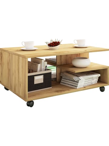 VCM  Holz Sofatisch Couchtisch Rollen rollbar Stango in Honig-Eiche