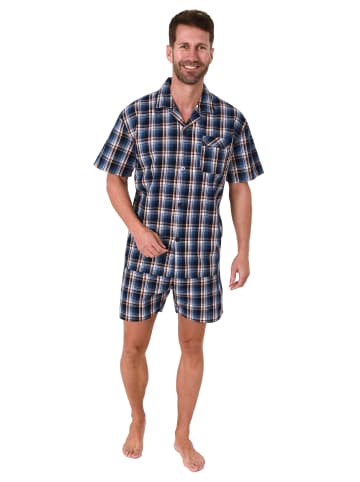 NORMANN Schlafanzug Shorty Pyjama kurzarm gewebt zum Knöpfen - 79998 in blau