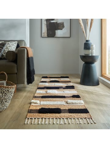 KADIMA DESIGN Teppich Hoch-Tief Struktur Gestreift, Patchwork-Optik, Fransen in Natur-Schwarz