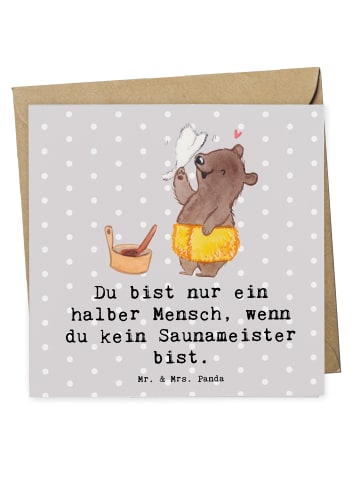 Mr. & Mrs. Panda Glückwunschkarte Saunameister Herz mit Spruch in Grau Pastell